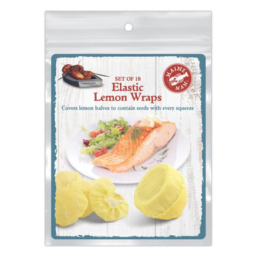 Packaging of elastic lemon wraps with salmon and salad on a white background