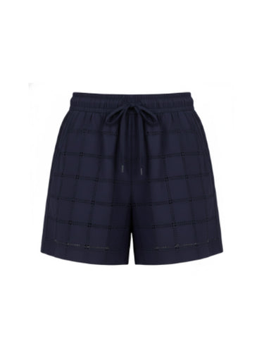 Navy checkered shorts on a white background