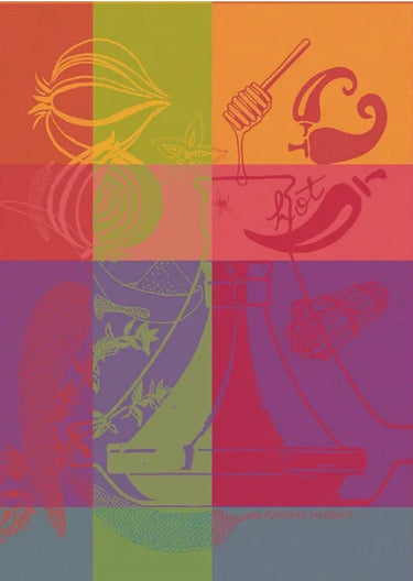 A colorful graphic print featuring stylized illustrations of spices and food elements like a pepper, cinnamon stick, chili pepper, and nutmeg, arranged in a grid of vertical color blocks including orange, green, pink, purple, and blue.