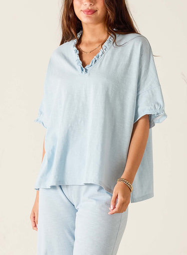 Amelia Short Sleeve Ruffle Tee Collection Shown in ‘Niagara Mist’