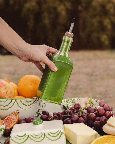 Artisanal Ceramic Olive Oil Dispenser - Green & White Roots