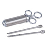 Stainless steel syringe pump with interchangeable needles on a white background