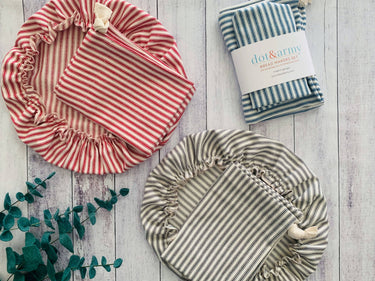 Bread Makers Set- Bowl Cover and Bread Bag | Ticking Stripes: Red (Shown with blue ticking stripe set and black ticking stripe set)