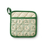 Rifle Paper Co. Artichoke pattern in green and cream on a pot holder. Pot holder has solid green trim and loop and there is a pocket on one side.