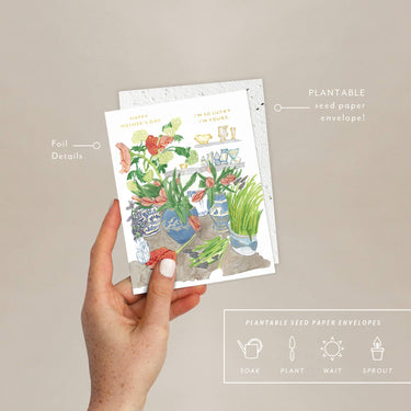 Seedlings - Mother's Flower Shoppe - Mother's Day Card With graphic showing details of card: Foil details and plantable seed paper envelope