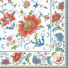 Decorative paper napkin with colorful floral and bird pattern on a white background