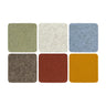 Six square color swatches in green, white, blue, brown, red, and orange on a white background.