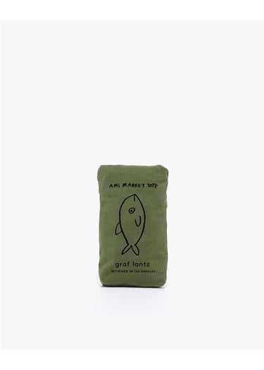 Green fabric pouch with fish design and text on a white background