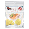 Packaging of elastic lemon wraps with salmon and salad on a white background
