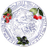 Decorative plate with blue floral and bird pattern, surrounded by strawberries, cherries, and blackberries.
