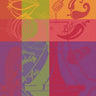 A colorful graphic print featuring stylized illustrations of spices and food elements like a pepper, cinnamon stick, chili pepper, and nutmeg, arranged in a grid of vertical color blocks including orange, green, pink, purple, and blue.