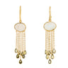 A pair of gold dangle earrings featuring oval milky white stones and multiple cascading gold chains with teardrop-shaped gold and green gemstone drops, shown against a plain white background.