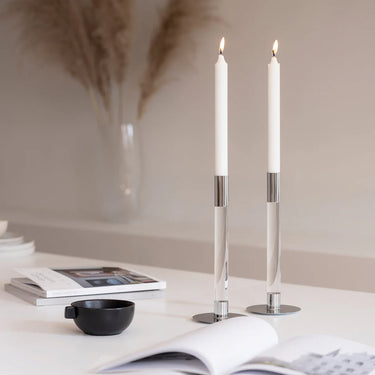Orrefors Lumiere Crystal and Silver Candlesticks - Medium, set of 2 Shown with lit candles