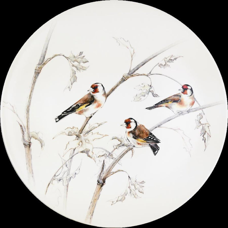 Gien ‘Les Oiseaux de la Foret’ cake platter. Features three hand-painted songbirds perched on branches.