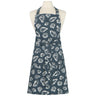 Shellfish Apron. Blue background with white outlines of shells