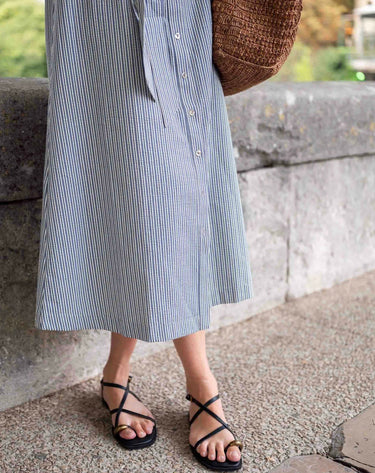Coastal Blue Stripe Le Midi Shirt Dress Picture shows hem of dress