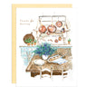 Thank you for hosting card features drawn image of a beautiful kitchen with copper cookware hanging in the back flowers on the table and a baguette ready to serve.