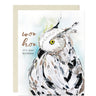 Birthday card featuring a white speckled owl, the message reads “woo hoo it’s your birthday”