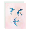 This love card features three swallows flying in the air. One of them is holding a love letter sealed with a red heart.