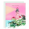 birthday card featuring a hand-drawn red and white lighthouse set against a soft pink sky. The simple "happy birthday" message lets the artwork shine