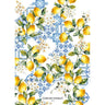Yellow blue tile lemons green leaves tea towel
