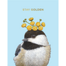 Bird with yellow flowers on head against a light blue background with 'Stay Golden' text