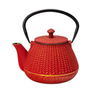 Red textured teapot with black handle on a white background