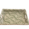 16” x 10.5” Hand-made ceramic buffet tray with cut out handles, featuring a citrus green fern inlay design. 