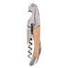 A double-hinged corkscrew with a wooden handle and stainless steel body.
