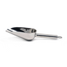 A polished stainless steel half cup scoop with a handle, isolated on a white background.