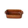 Square ceramic baker in a caramel brown glaze.